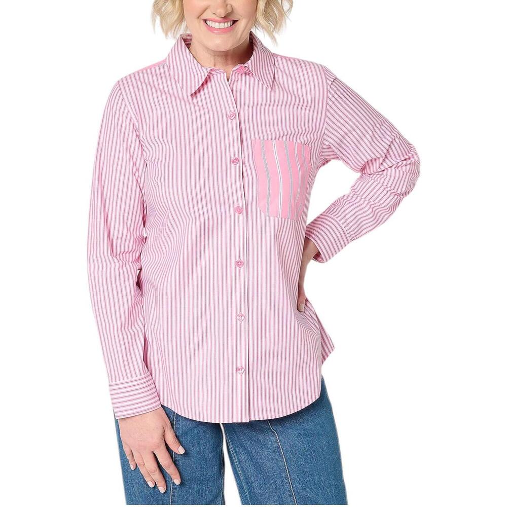 Joan Rivers Women's Stretch Cotton Button Front Mixed Shirt Peony - Regular